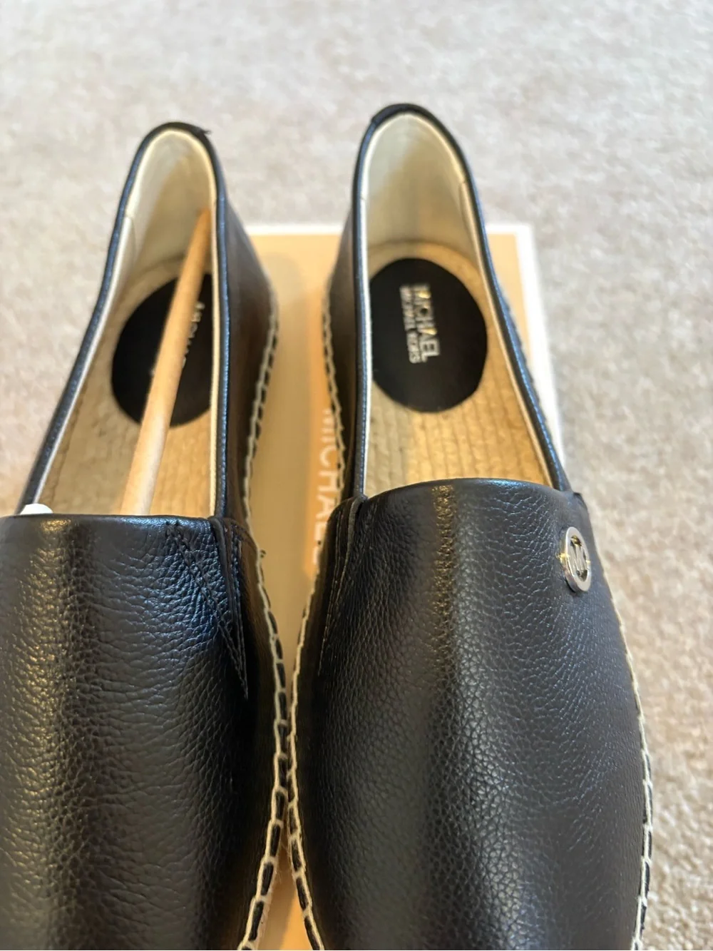 Michael Kors Black Leather Espadrille Slip-Ons with Natural Jute Trim